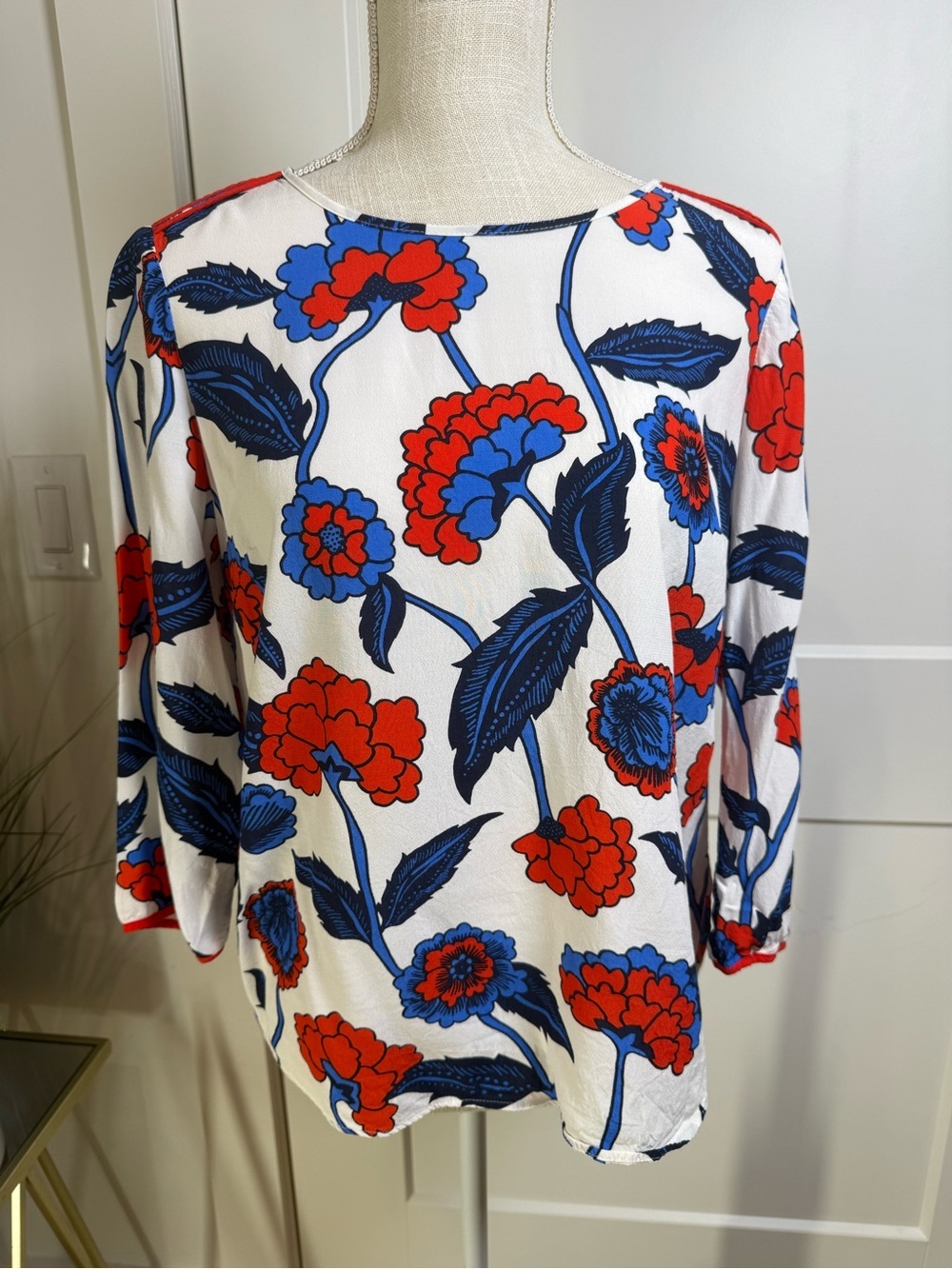Boden Floral Print 3/4 Sleeve Blouse Size US 8 UK 12 Red Blue White